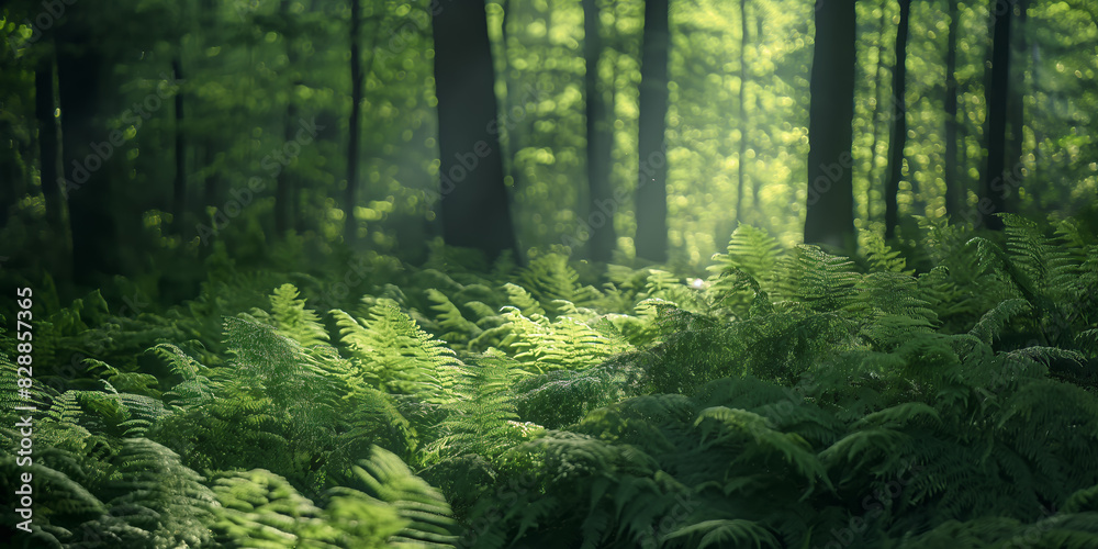 This image captures a serene forest scene with lush green ferns bathed in gentle sunlight, providing a tranquil and refreshing nature experience. This image captures a serene forest scene with lush green ferns bathed in gentle sunlight, providing a tranquil and refreshing nature experience.