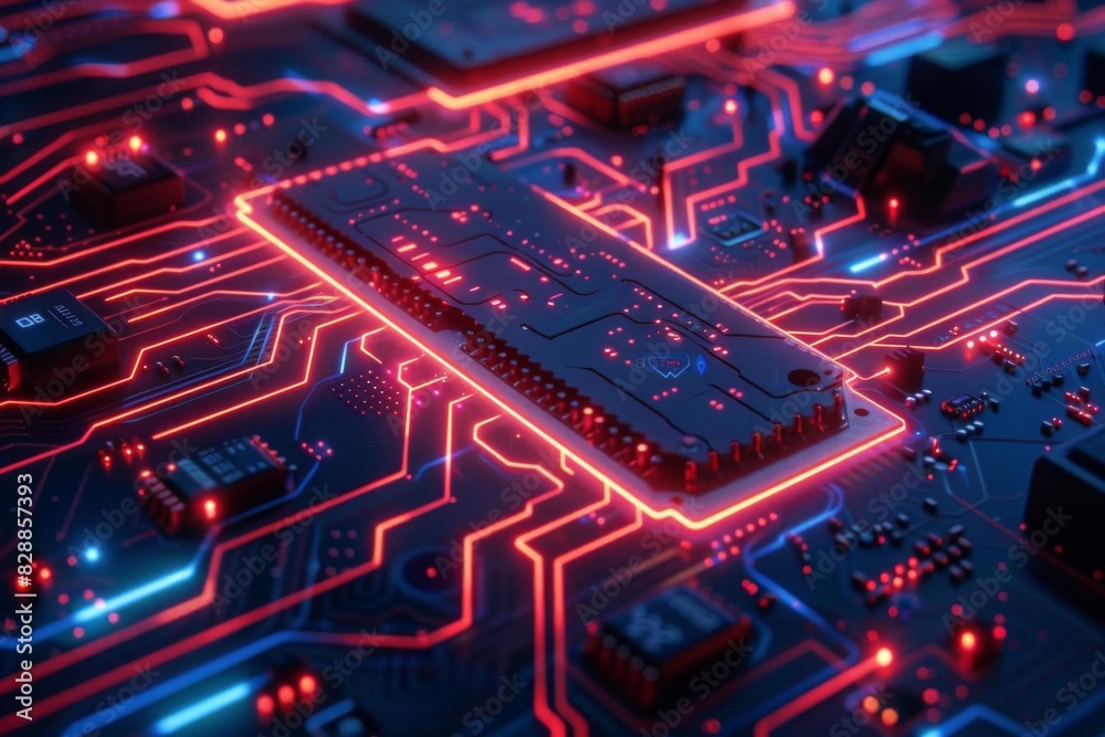 Close-up of a glowing red and blue CPU motherboard circuit with intricate lines, showcasing advanced technology and electronic engineering. Close-up of a glowing red and blue CPU motherboard circuit with intricate lines, showcasing advanced technology and electronic engineering.