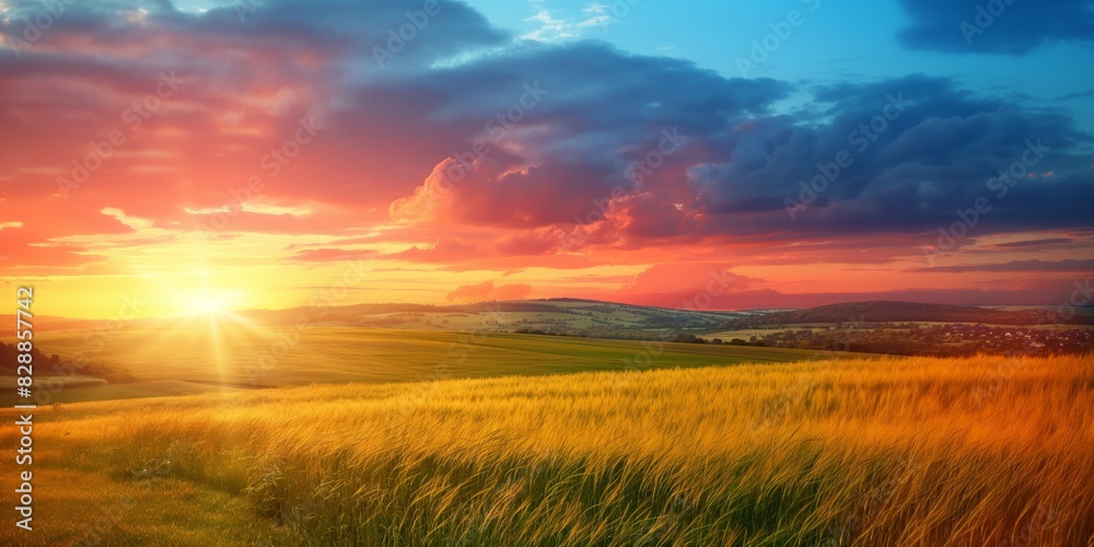 A warm sunset illuminates the sky and vibrant, golden fields in a serene countryside landscape A warm sunset illuminates the sky and vibrant, golden fields in a serene countryside landscape