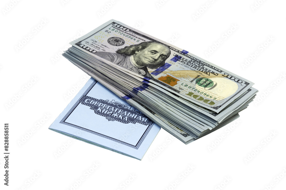 New design US 100 American dollar bundles Inscription savings book isolated on white background New design US 100 American dollar bundles Inscription savings book isolated on white background