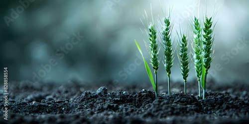 Nurturing Green Wheat Seed Planted in Fertile Soil, Ready to Flourish. Concept Agricultural practices, Crop growth, Plant development, Soil fertility, Sustainable agriculture photo