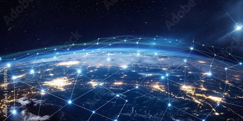 Digital composite showing a network of connections and data exchange over the globe, symbolizing global communication