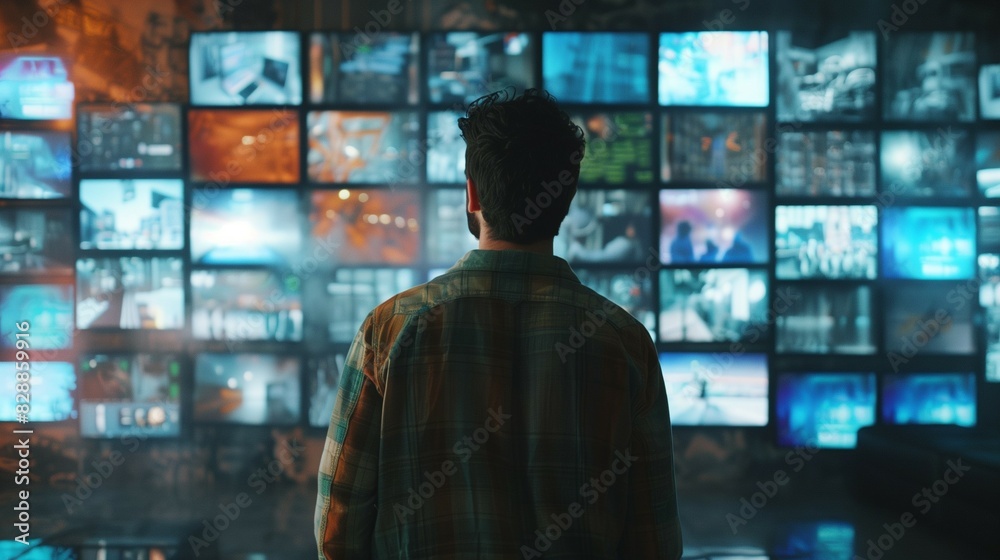 Man surrounded by multiple TV screens, video wall showcasing variety of video content Man surrounded by multiple TV screens, video wall showcasing variety of video content