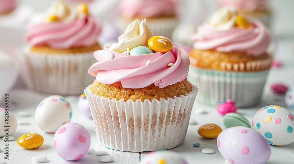 Tasty Easter cupcakes with candies on white table . Generative Ai Tasty Easter cupcakes with candies on white table . Generative Ai