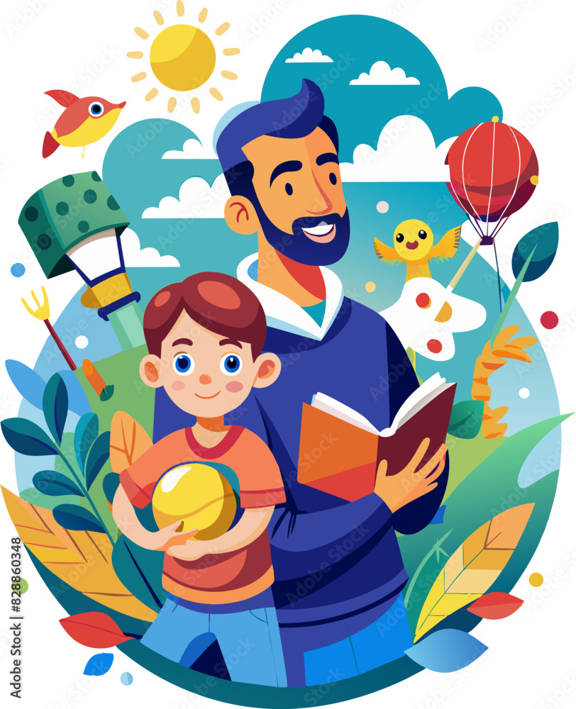 Happy Father's Day greeting card. Love concept. Various activities For father and child. Happy Father's Day greeting card. Love concept. Various activities For father and child.