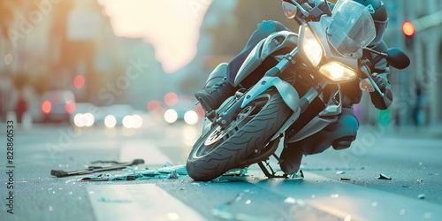City street motorcycle accident resulted in bike damage seeking personal injury lawyer. Concept Personal Injury Lawyer, Motorcycle Accident, Bike Damage, City Street, Legal Assistance photo