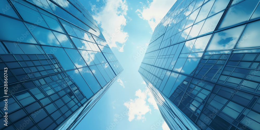 This picture captures a low-angle symmetrical view of two tall glass buildings reflecting the sky, symbolizing modern architecture, urban development, and the pursuit of higher goals. This picture captures a low-angle symmetrical view of two tall glass buildings reflecting the sky, symbolizing modern architecture, urban development, and the pursuit of higher goals.
