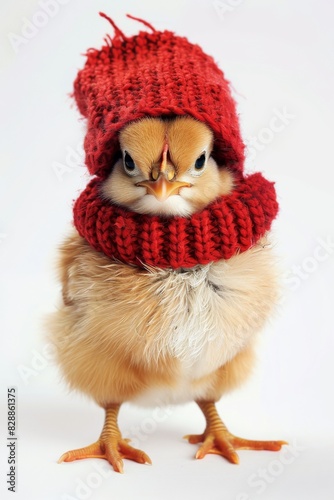 cute little chicken in red wool knitted hat isolated on white background