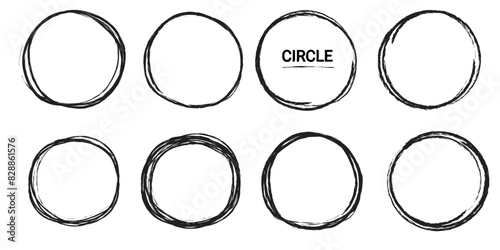 Rough grunge circular hand drawn brush stroke icon frame element. Circular ink brush stroke. Circle doodle ink black shape. Vector illustration.