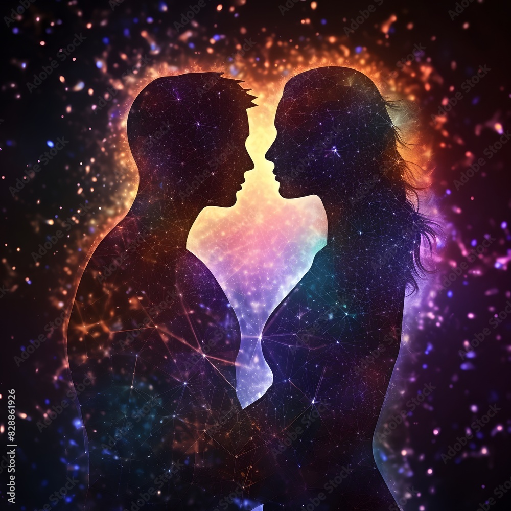 Man and woman silhouettes at abstract cosmic background. Generative AI. Man and woman silhouettes at abstract cosmic background. Generative AI.