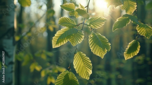 Tender young linden leaves in a spring forest come to life under the warm spring sun after winter in Europe photo
