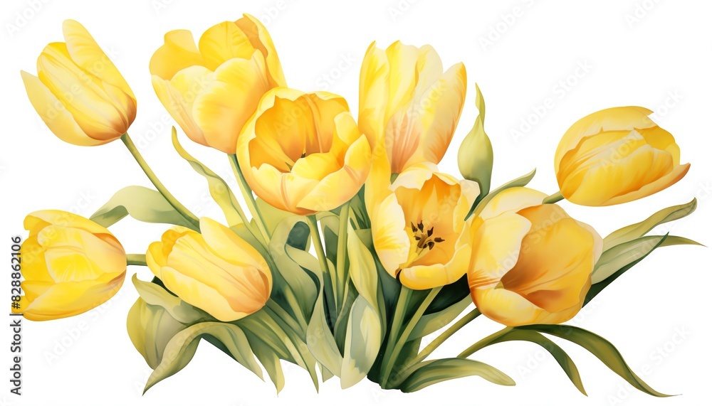 A bouquet of pastel yellow tulips in metallic hues, digital watercolor, on a white background, no shadows, isolated A bouquet of pastel yellow tulips in metallic hues, digital watercolor, on a white background, no shadows, isolated