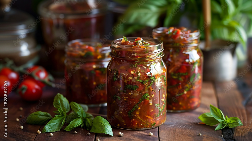 jars of tomato paste with green italian seasning herbs basil and oregani and pepper cream jars of tomato paste with green italian seasning herbs basil and oregani and pepper cream