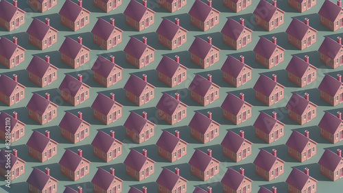 Isometric pattern of little pink suburban houses 3d illustration