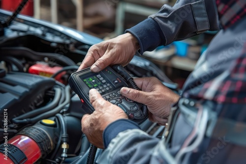 A mechanic hands holding a scan tool checking the condition of a car with an open hood