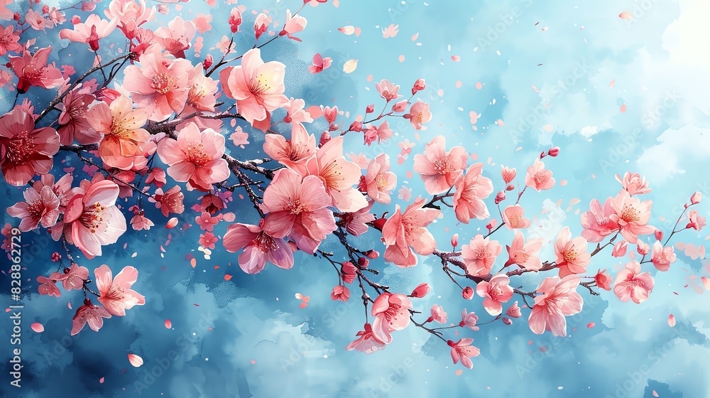 Delicate depiction of a watercolor garland of cherry blossoms floating in a clear blue sky Delicate depiction of a watercolor garland of cherry blossoms floating in a clear blue sky