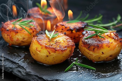 Crispy baked potatoes garnished with green rosemary with steam rising from the hot dish on a slate background