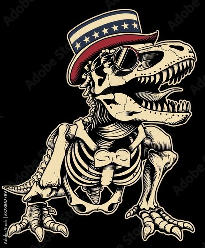 Patriotic T-Rex Skeleton Roaring in Uncle Sam Hat Generative AI photo