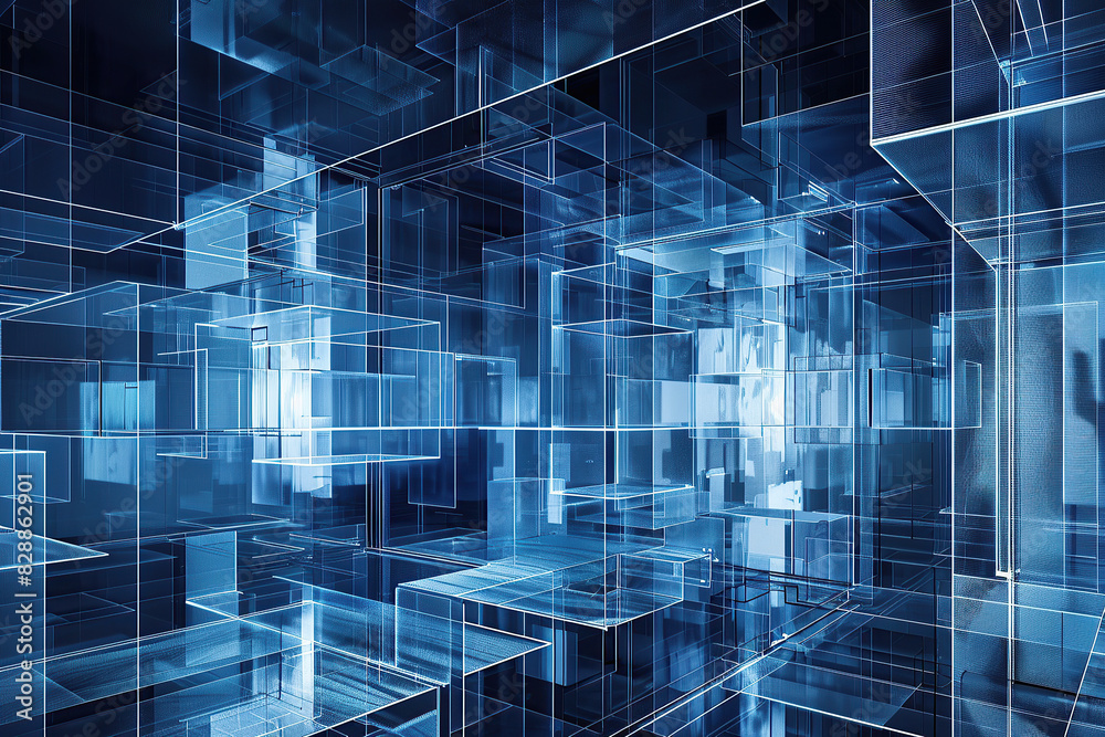 horizontal illustration of an abstract blue transparent geometric shapes in future cyber technology context horizontal illustration of an abstract blue transparent geometric shapes in future cyber technology context