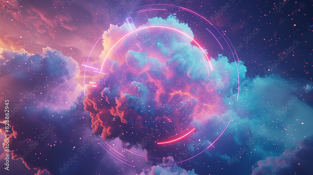 In the silence of the night, an abstract cloud shimmers with neon brilliance, encircled by a halo of luminous geometric shapes that weave and dance, In the silence of the night, an abstract cloud shimmers with neon brilliance, encircled by a halo of luminous geometric shapes that weave and dance,