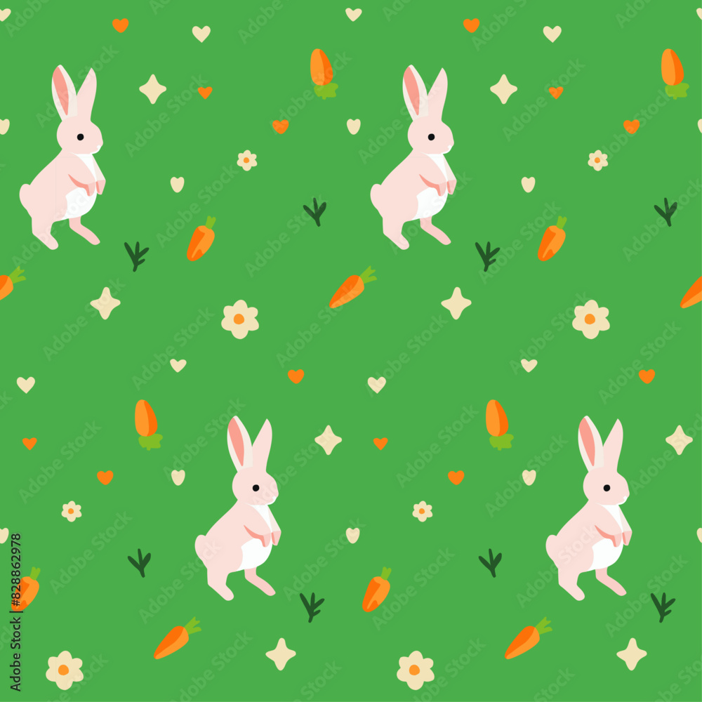 Springtime Bunnies and Carrots - Lively Green Background with Rabbit Pattern