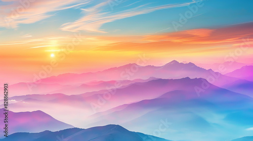 Panoramic view of a mountain range at sunrise, with colorful skies and mist in the valleys, perfect for travel and adventure themesai