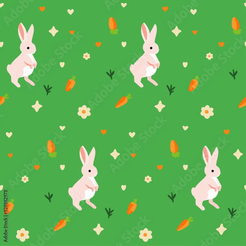 Obraz na płótnie Springtime Bunnies and Carrots - Lively Green Background with Rabbit Pattern w salonie