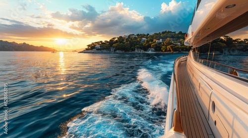 yacht sailing on the sea featuring a scenic coastal view with sunset, clouds
