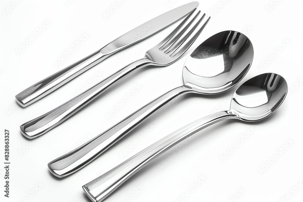 Shiny stainless steel cutlery set on an isolated white background with subtle shadows, perfect for kitchen and dining promotionsai Shiny stainless steel cutlery set on an isolated white background with subtle shadows, perfect for kitchen and dining promotionsai