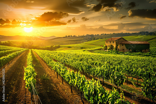 Scenic view of a vineyard at sunset, with rows of grapevines and a rustic farmhouse, ideal for wine industry promotionsai photo