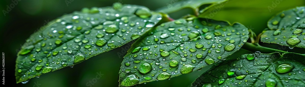 Close-up shot of dewdrops on green leaves, showcasing the beauty of nature and the freshness after the rain. Ideal for nature lovers and environmental themes.