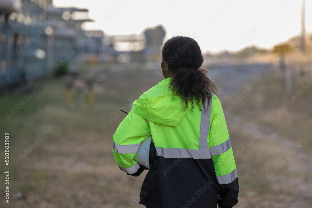 Fototapeta premium Engineer survey team checking construction project inspection work construction site .Team Civil engineer working outdoor next to the power plant.