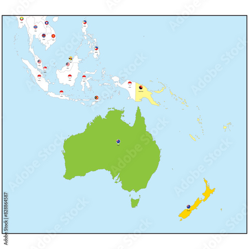 Australia continent - Highly detailed, editable political map with separate layers. Country flags.