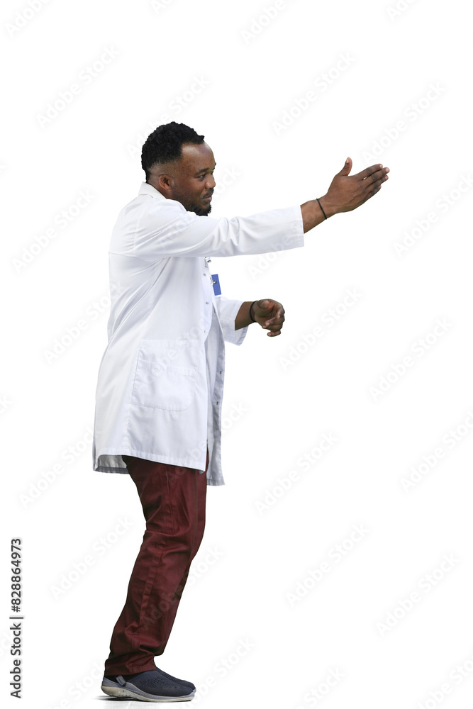 The doctor, in full height, on a white background, calls to him