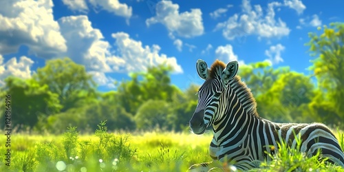 Zebra relaxing in lush field with trees grass blue sky fluffy clouds. Concept Nature  Wildlife  Relaxation  Peaceful  Serenity