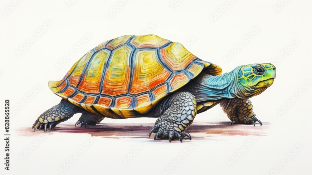 Fototapeta premium Colorful drawing of a tortoise showcasing detailed shell and intricate patterns, isolated on a white background