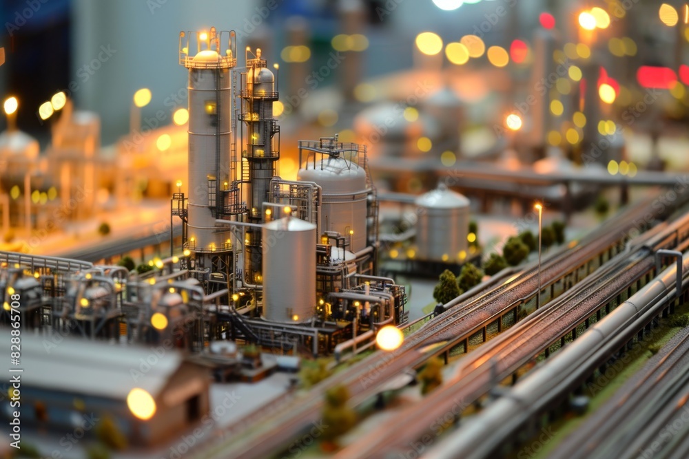 Intelligent factory internal display model, A lit-up model of an oil refinery showcasing intricate details and glowing lights, AI generated Intelligent factory internal display model, A lit-up model of an oil refinery showcasing intricate details and glowing lights, AI generated
