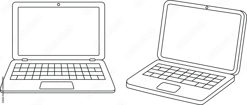 Illustration of a cute laptop isolated on white background coloring page. Black and white outline vector cartoon colouring book