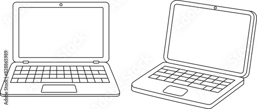 Obraz na płótnie Illustration of a cute laptop isolated on white background coloring page. Black and white outline vector cartoon colouring book w salonie