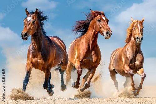 Beautiful high-quality image of three horses running at a gallop along the sandy field