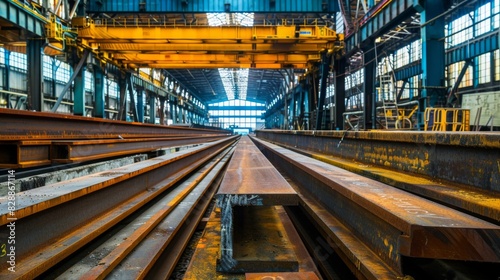 Steel materials stored in the factory warehouse for construction use background