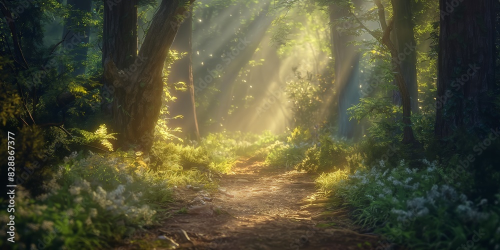 Mystical forest scene with a path illuminated by sunbeams through the trees, evoking a sense of magic