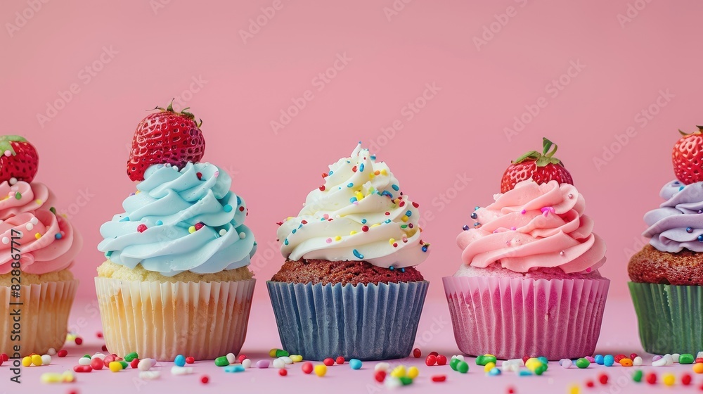 Colorful cupcakes with sprinkles and a fresh strawberry in a line on a pink background Colorful cupcakes with sprinkles and a fresh strawberry in a line on a pink background