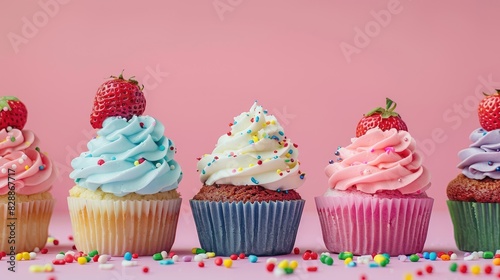 Colorful cupcakes with sprinkles and a fresh strawberry in a line on a pink background