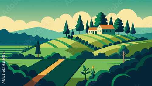 Idyllic Countryside Landscape with Rolling Hills and Farmhouse