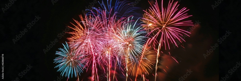 Wonderful vivid fireworks exploding on background of black night sky for celebration Wonderful vivid fireworks exploding on background of black night sky for celebration