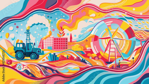 Colorful Abstract Landscape with Industrial Elements and Dynamic Waves