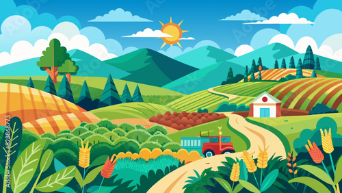 Vibrant Farm Landscape with Rolling Hills and Plentiful Harvest