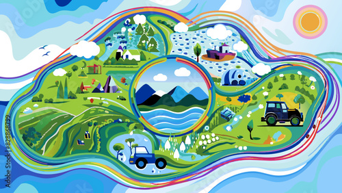 Vibrant Landscape Illustration: Nature, Activities, and Transportation