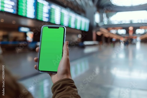 Traveler Holding Smartphone with Blank Green Screen at Airport Terminal
